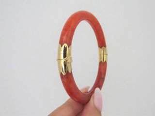 Vintage 18K Gold Translucent Natural Blood Red Jadeite Jade Hinged Bracelet 57MM 6