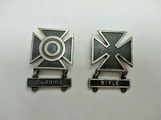 2 Vintage Sterling Silver Army Carbine & Rifle Military Medal Award Pins