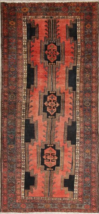 Vintage Geometric Salmon 10 Ft Runner Hamedan Persian Oriental Wool Rug 4 