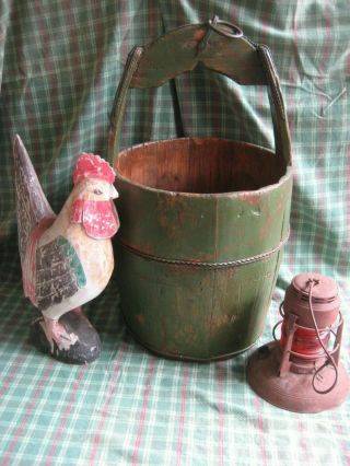Large Antique Early Wood Staved Well Bucket - Braided Iron Bands - Old Green Paint