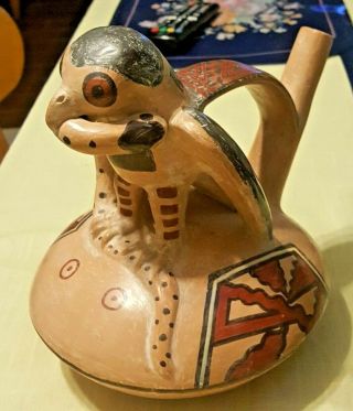 Pre Columbian Pottery Nazca Polychrome Eagle & Snake Bird Effigy Stirrup Vessel 12