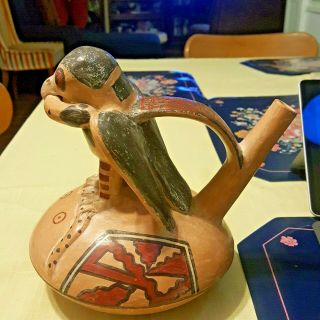 Pre Columbian Pottery Nazca Polychrome Eagle & Snake Bird Effigy Stirrup Vessel 7