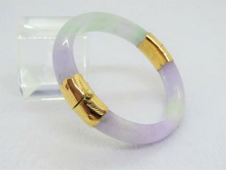 18k Gold Translucent Lavender,  Green Jadeite Jade Hinged Bangle Bracelet 59mm