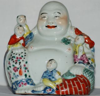 Large Antique Chinese Famille Rose Porcelain Happy Buddha Statue