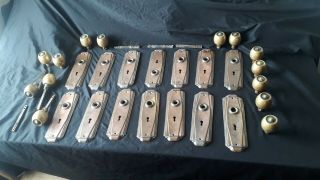 7 Pairs Art Deco Brass Door Handles Knobs Plates Reg 771617