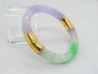 18k Gold Translucent Lavender,  Green Jadeite Jade Hinged Bangle Bracelet 54mm