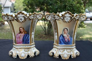 Old Paris,  Hand Painted,  Jesus And Mary,  Spill Vases,  10 " 1800s