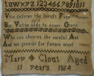 SMALL EARLY 19TH CENTURY BLUE STITCH WORK SAMPLER BY MARY CLOUT AGED 11 - 1814 3