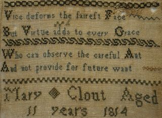 SMALL EARLY 19TH CENTURY BLUE STITCH WORK SAMPLER BY MARY CLOUT AGED 11 - 1814 8