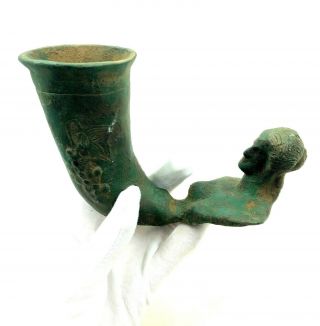 Greek Archaic Ca.  1000bc Period Bronze Rhyton W/ Goddess - Ritual Drinking Cup R1