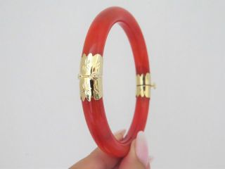 Vintage 18K Gold Translucent Natural Blood Red Jadeite Jade Hinged Bracelet 61MM 6