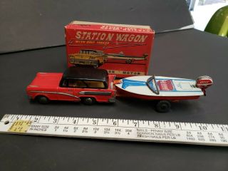 Vintage Tin Toy Station Wagon With Boat Friction Japan