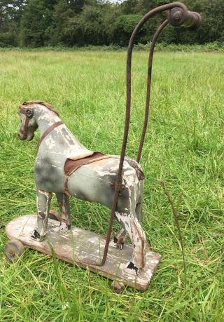 ANTIQUE TOY HORSE PUSH TROLLEY HOBBY HORSE CHILDS WALKER FOR RESTORATION 10