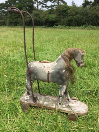 Antique Toy Horse Push Trolley Hobby Horse Childs Walker For Restoration