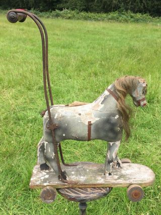 ANTIQUE TOY HORSE PUSH TROLLEY HOBBY HORSE CHILDS WALKER FOR RESTORATION 2