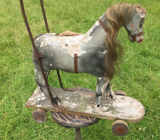ANTIQUE TOY HORSE PUSH TROLLEY HOBBY HORSE CHILDS WALKER FOR RESTORATION 3