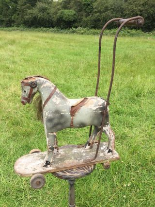 ANTIQUE TOY HORSE PUSH TROLLEY HOBBY HORSE CHILDS WALKER FOR RESTORATION 5