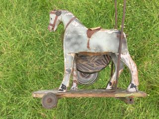 ANTIQUE TOY HORSE PUSH TROLLEY HOBBY HORSE CHILDS WALKER FOR RESTORATION 9