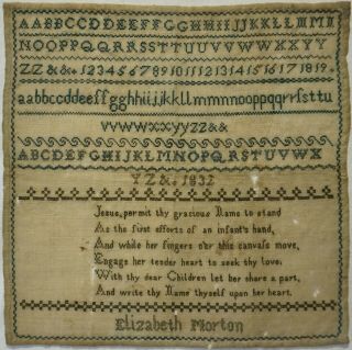 Early 19th Century Alphabet & Verse Sampler By Elizabeth Morton - 1832