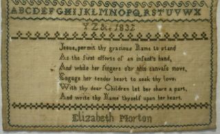 EARLY 19TH CENTURY ALPHABET & VERSE SAMPLER BY ELIZABETH MORTON - 1832 3