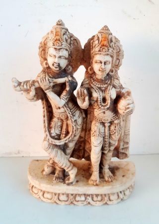 1850s Antique Old Fine Hand Carved Marble Hindu God Krishna Goddess Radha Statue 11