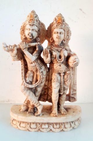 1850s Antique Old Fine Hand Carved Marble Hindu God Krishna Goddess Radha Statue