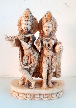 1850s Antique Old Fine Hand Carved Marble Hindu God Krishna Goddess Radha Statue 2
