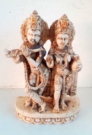 1850s Antique Old Fine Hand Carved Marble Hindu God Krishna Goddess Radha Statue 3