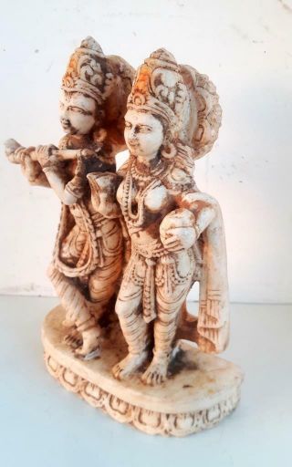 1850s Antique Old Fine Hand Carved Marble Hindu God Krishna Goddess Radha Statue 4