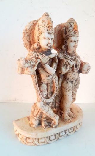 1850s Antique Old Fine Hand Carved Marble Hindu God Krishna Goddess Radha Statue 5