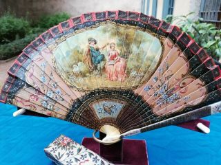 Fan Bone Style Vernis Martin Oil Painted Both Sides 1860