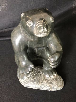 Vintage Inuit Polar Bear Stone Carving Certified By Canadian Government 2