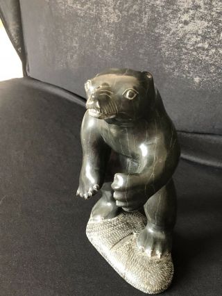 Vintage Inuit Polar Bear Stone Carving Certified By Canadian Government 3