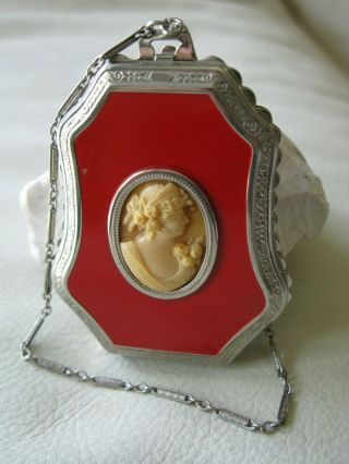 Antique Art Deco Silver T Red Enamel Bar Chain Celluloid Cameo 2 Puff Compact