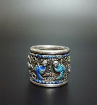 Antique Chinese Silver & Enamel Thumb Ring Signed