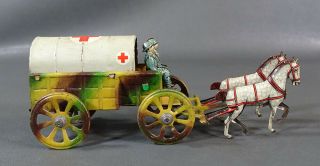 Antique German Georg Fischer Horse Drawn Red Cross Cart Soldier Tin Penny Toy