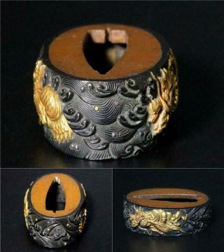 MNK20 - 1 Japanese Antique copper Dragon pattern inlay Fuchi sword Tsuba Kashira 3