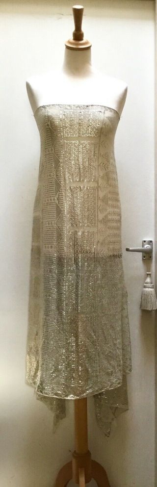 LOVELY EXTRA WIDE ANTIQUE EGYPTIAN ASSUIT SHAWL.  OFF WHITE,  SILVER.  ART DECO 4