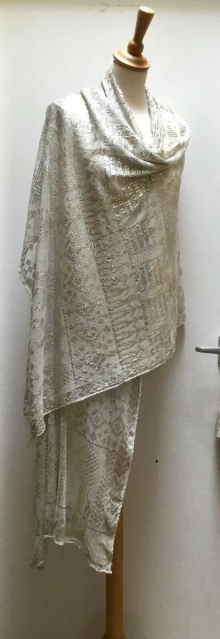 LOVELY EXTRA WIDE ANTIQUE EGYPTIAN ASSUIT SHAWL.  OFF WHITE,  SILVER.  ART DECO 7