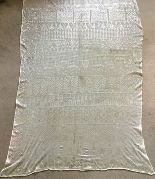 LOVELY EXTRA WIDE ANTIQUE EGYPTIAN ASSUIT SHAWL.  OFF WHITE,  SILVER.  ART DECO 9