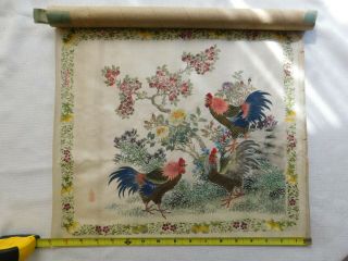 Antique Chinese Silk Painting 3 Roosters And Flowers,  Stamped Zhunan 17x14 "