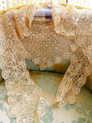 A Stunning 19th Century Maltese Silk Bobbin Lace Shawl C.  1880