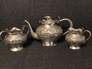 Antique Solid Silver Anglo Indian 3 Piece Tea Set,  C1961 - 1911 Cobra Handle 887gr