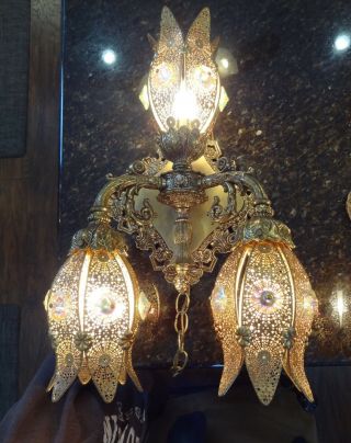 Hollywood Regency Pierced Antiqued Gold Metal Lotus Blossom Sconce Light,  Metal