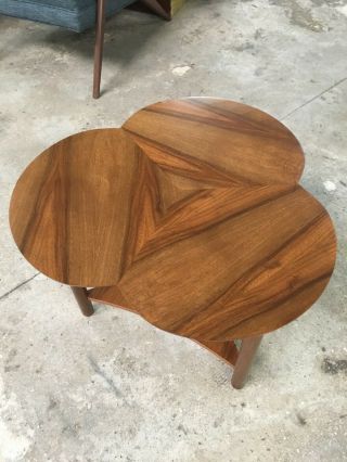 Mid Century Refinished Walnut Clover Shaped Side Table With Grain