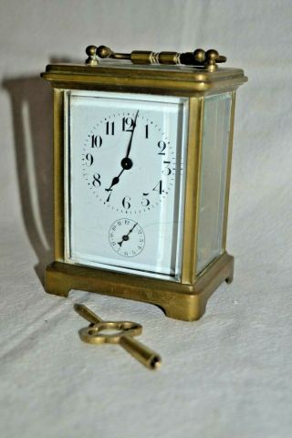 Vintage Brass Beveled Glass Carriage Clock Porcelain Dial Key
