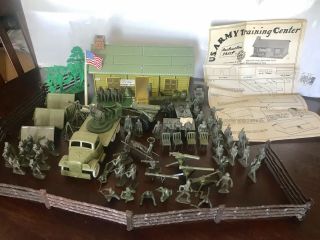 Marx U.  S.  Army Training Center Play Set Soldiers,  Flatbed Truck Aa Gun & More