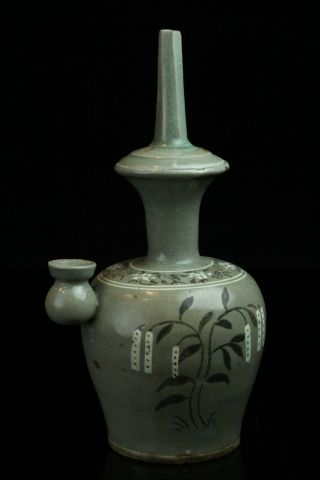 Jun077 Korean Goryeo Celadon Porcelain Buddhist Ewer Water Jug Black&white Inlay