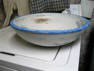 Antique 17 " Large Wood Dough Bowl Blue & White Paint Primitive Shabby