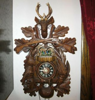 Vintage Anton Schneider One Day Musical Hunter Cuckoo Clock Black Forest Exc